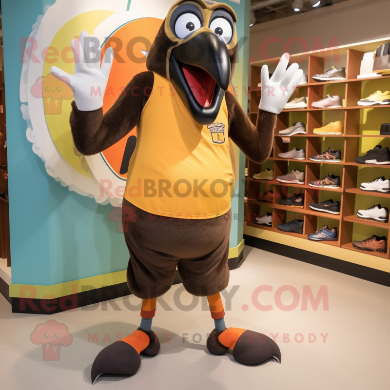 Brown Toucan mascot costume character dressed with a Tank Top and Shoe clips