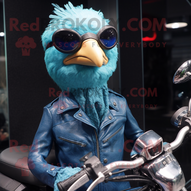 Cyan Guinea Fowl mascot costume character dressed with a Biker Jacket and Tie pins Cyan Guinea Fowl mascot costume character dressed with a Biker Jacket and Tie pins