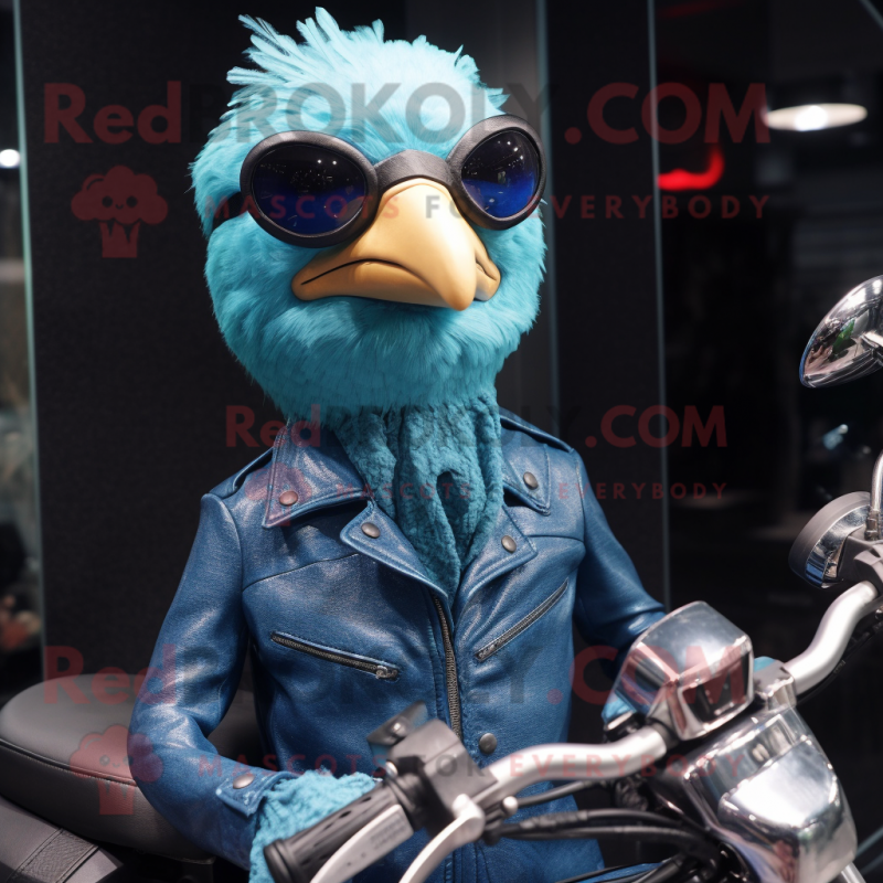 Cyan Guinea Fowl mascot costume character dressed with a Biker Jacket and Tie pins