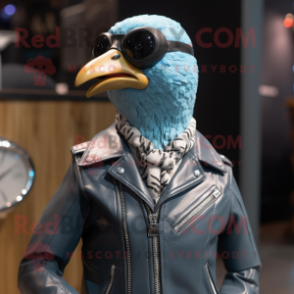 Cyan Guinea Fowl mascot costume character dressed with a Biker Jacket and Tie pins