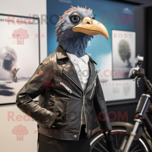 Cyan Guinea Fowl mascot costume character dressed with a Biker Jacket and Tie pins