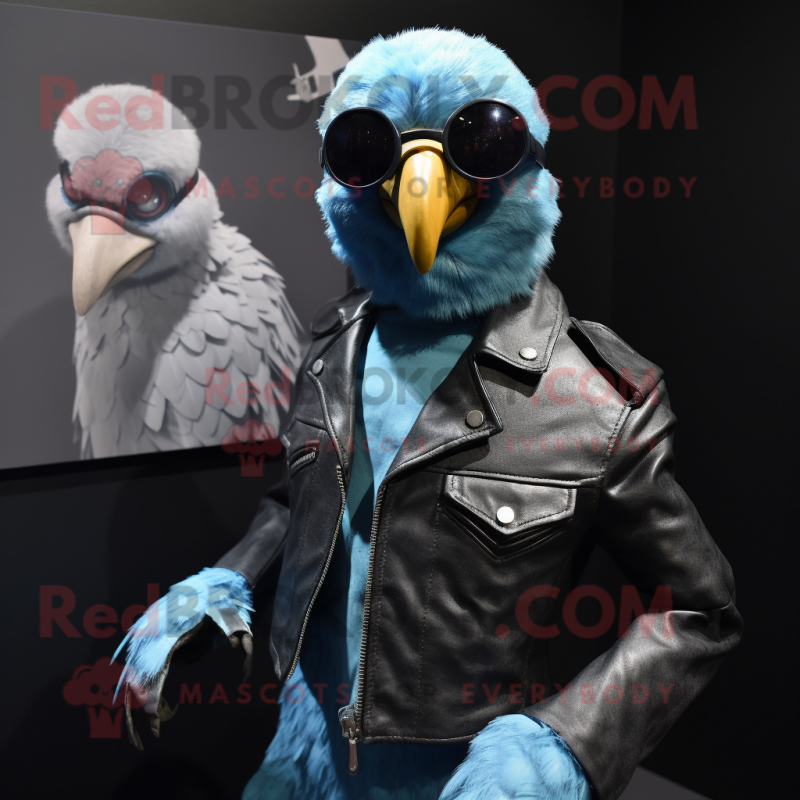 Cyan Guinea Fowl mascot costume character dressed with a Biker Jacket and Tie pins Cyan Guinea Fowl mascot costume character dressed with a Biker Jacket and Tie pins