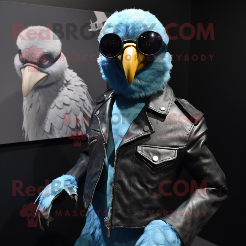 Cyan Guinea Fowl mascot costume character dressed with a Biker Jacket and Tie pins