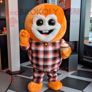 Orange Cupcake mascot costume character dressed with a Flannel Shirt and Keychains