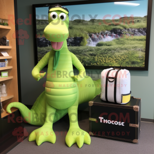 Lime Green Loch Ness Monster mascot costume character dressed with a Running Shorts and Briefcases