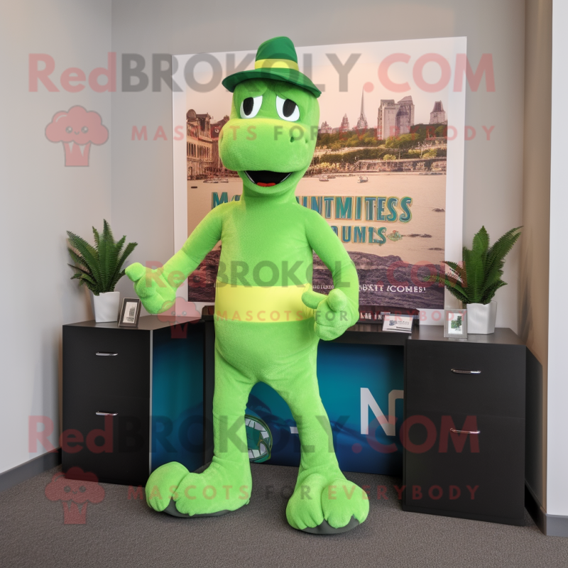 Lime Green Loch Ness Monster mascot costume character dressed with a Running Shorts and Briefcases