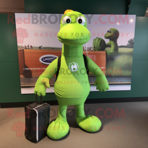 Lime Green Loch Ness Monster mascot costume character dressed with a Running Shorts and Briefcases