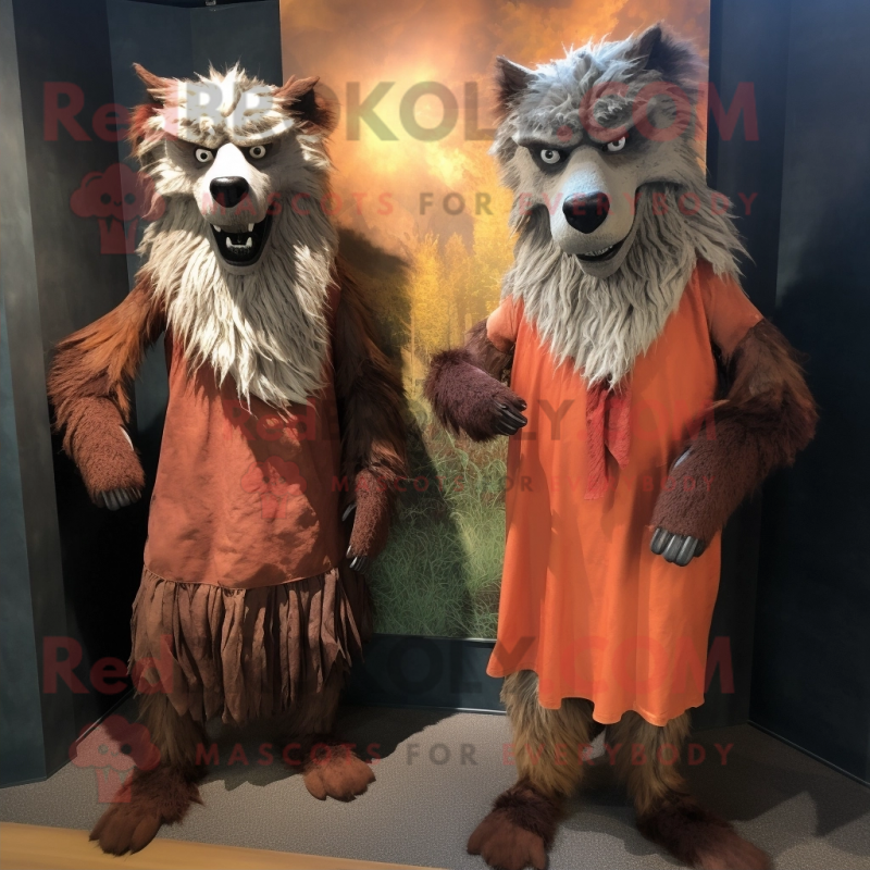 Rust Werewolf mascot costume character dressed with a Wrap Dress and Cummerbunds Rust Werewolf mascot costume character dressed with a Wrap Dress and Cummerbunds