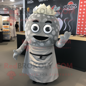 Gray Sushi mascot costume character dressed with a Wrap Skirt and Cufflinks