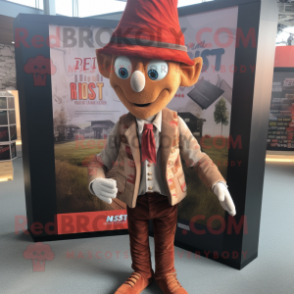 Rust Elf mascot costume character dressed with a Blazer and Lapel pins