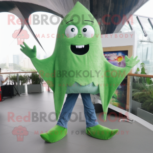 Green Stingray mascot costume character dressed with a Flare Jeans and Hair clips