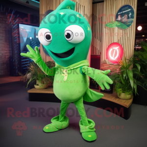 Green Stingray mascot costume character dressed with a Flare Jeans and Hair clips