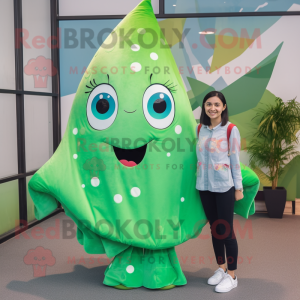 Green Stingray mascot costume character dressed with a Flare Jeans and Hair clips