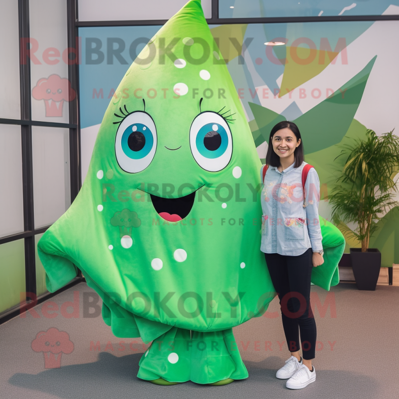 Green Stingray mascot costume character dressed with a Flare Jeans and Hair clips Green Stingray mascot costume character dressed with a Flare Jeans and Hair clips