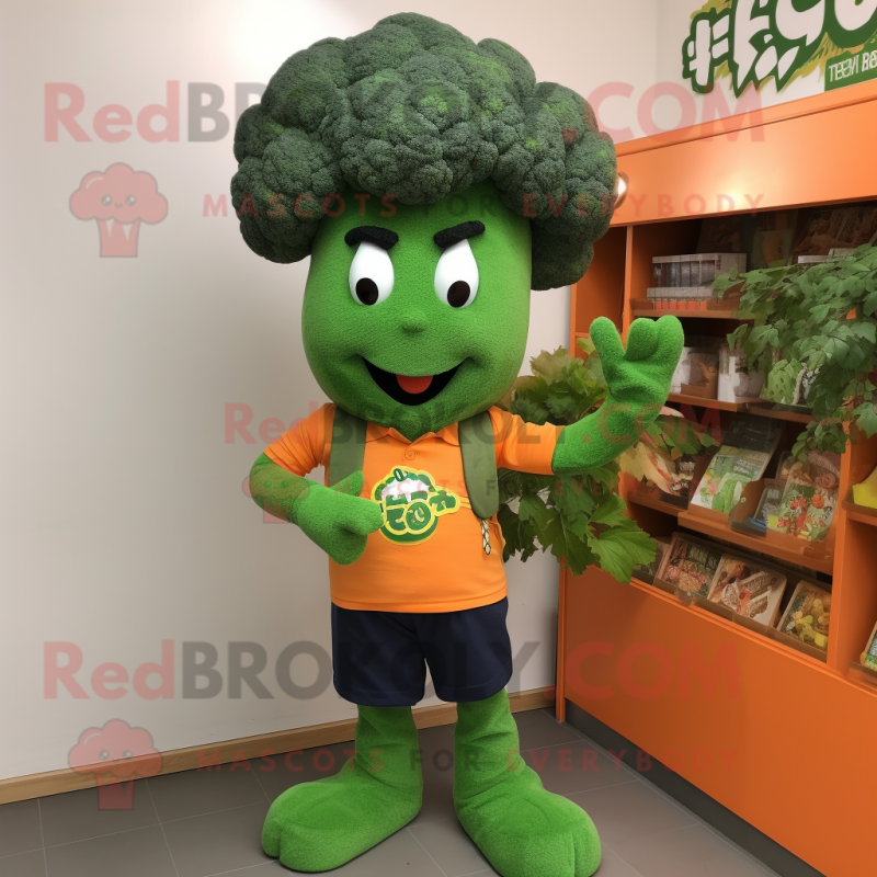 Orange Broccoli mascot costume character dressed with a Oxford Shirt and Hair clips