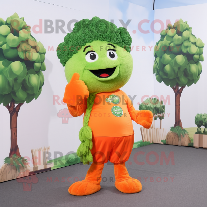 Orange Broccoli mascot costume character dressed with a Oxford Shirt and Hair clips Orange Broccoli mascot costume character dressed with a Oxford Shirt and Hair clips