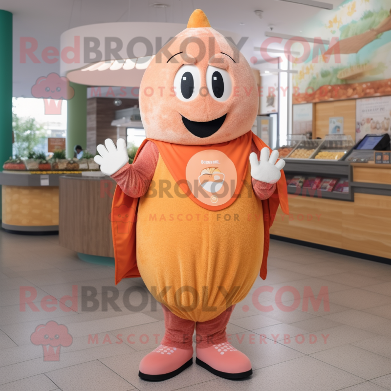 Peach Shakshuka mascot costume character dressed with a V-Neck Tee and Mittens