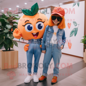 Peach Cherry mascot costume character dressed with a Boyfriend Jeans and Necklaces