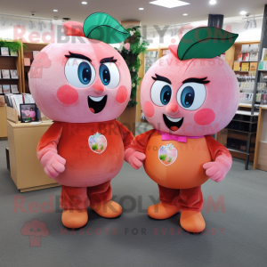 Peach Cherry mascot costume character dressed with a Boyfriend Jeans and Necklaces