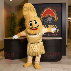 Gold Jambalaya mascot costume character dressed with a Rash Guard and Tote bags