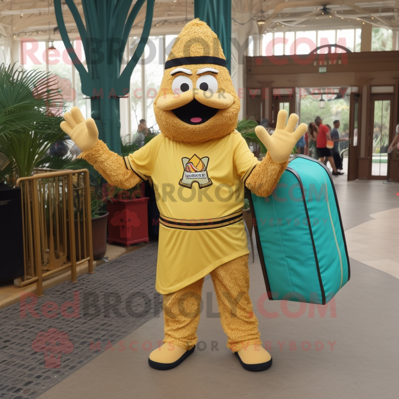 Gold Jambalaya mascot costume character dressed with a Rash Guard and Tote bags Gold Jambalaya mascot costume character dressed with a Rash Guard and Tote bags