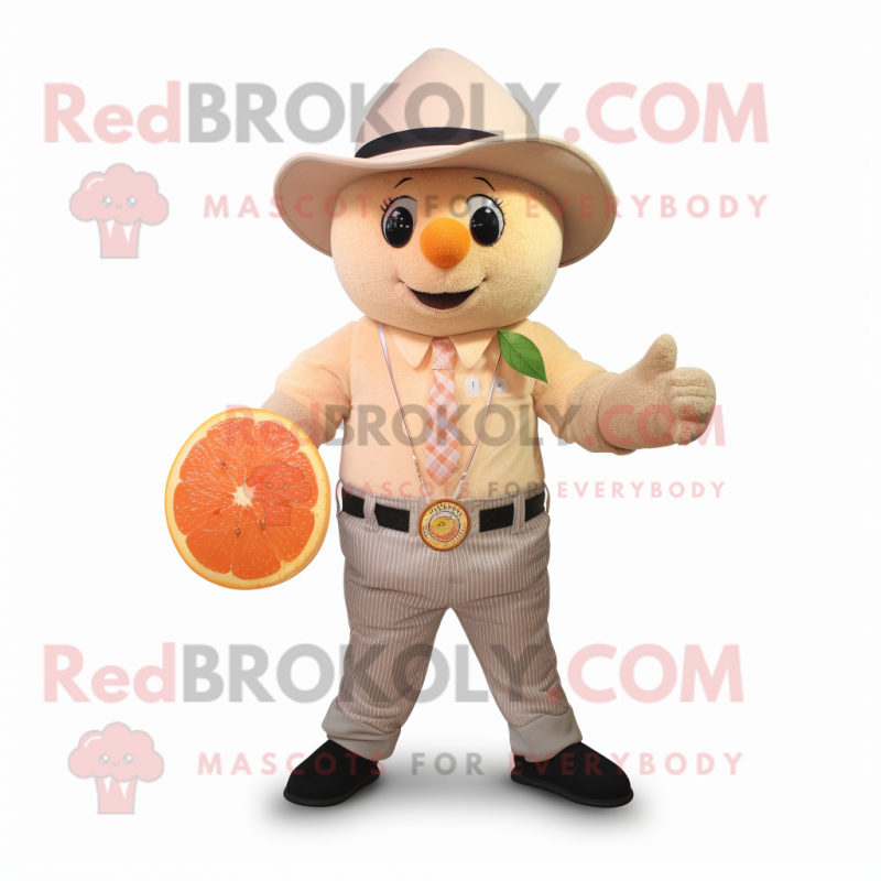 Beige Grapefruit mascot costume character dressed with a Henley Shirt and Belts