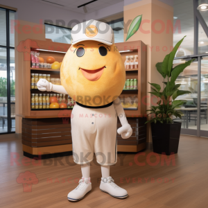 Beige Grapefruit mascot costume character dressed with a Henley Shirt and Belts