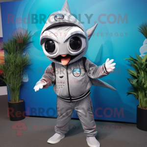 Silver Tuna mascot costume character dressed with a Jumpsuit and Headbands