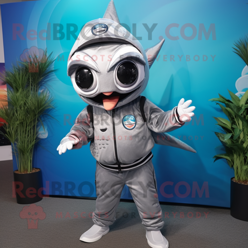 Silver Tuna mascot costume character dressed with a Jumpsuit and Headbands Silver Tuna mascot costume character dressed with a Jumpsuit and Headbands