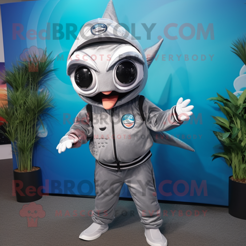 Silver Tuna mascot costume character dressed with a Jumpsuit and Headbands