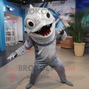 Silver Tuna mascot costume character dressed with a Jumpsuit and Headbands