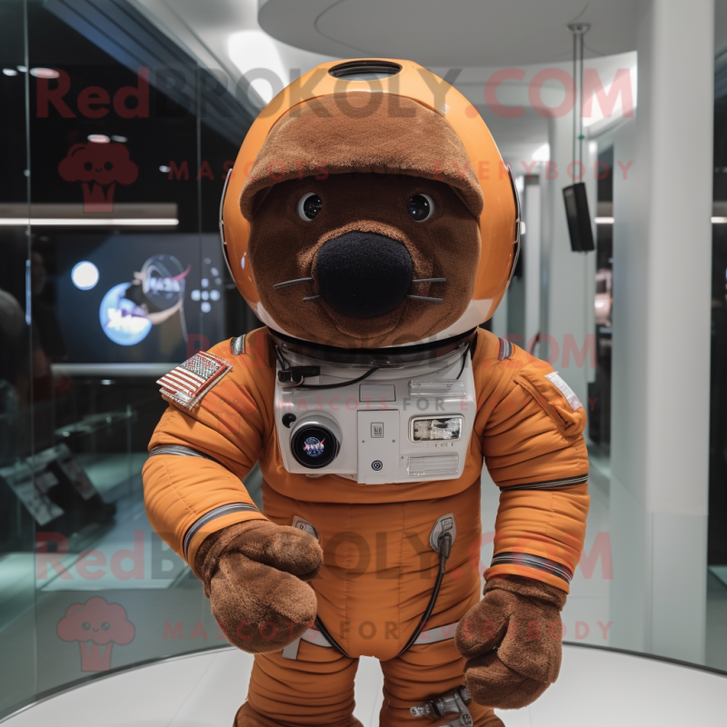 Brown Astronaut mascot costume character dressed with a T-Shirt and Hats