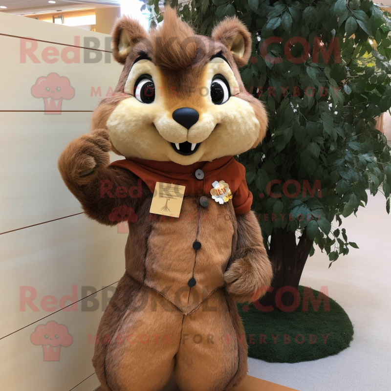 Brown Squirrel mascot costume character dressed with a Sheath Dress and Earrings