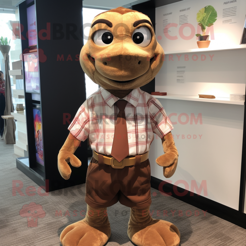 Brown Turtle mascot costume character dressed with a Button-Up Shirt and Pocket squares