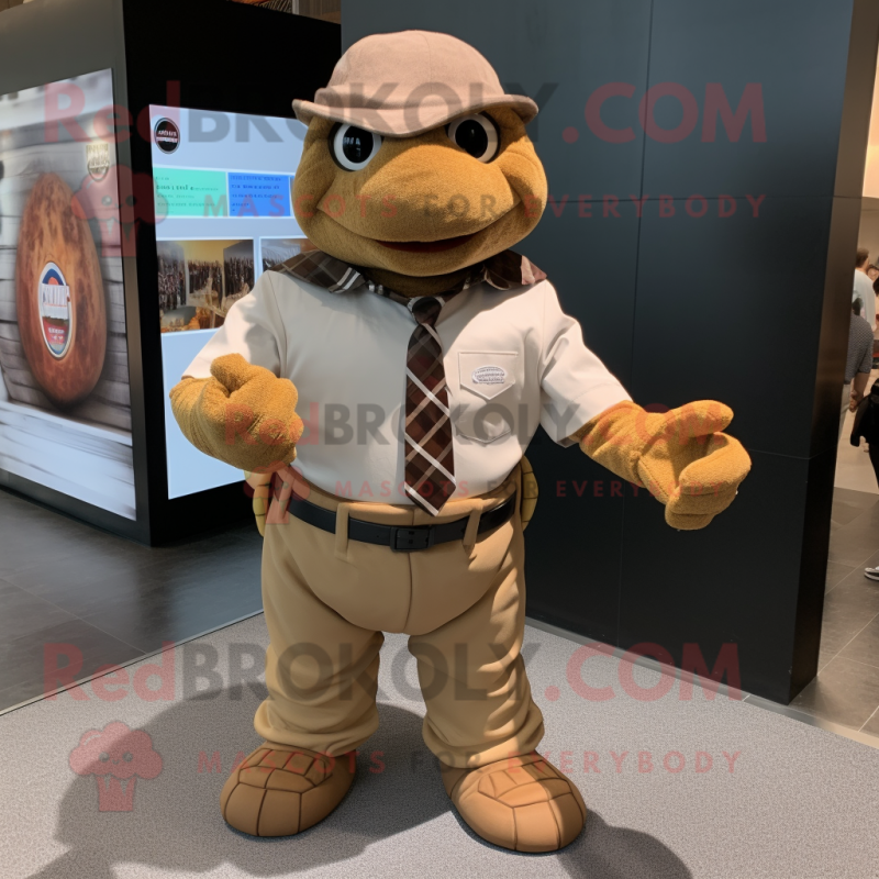 Brown Turtle mascot costume character dressed with a Button-Up Shirt and Pocket squares