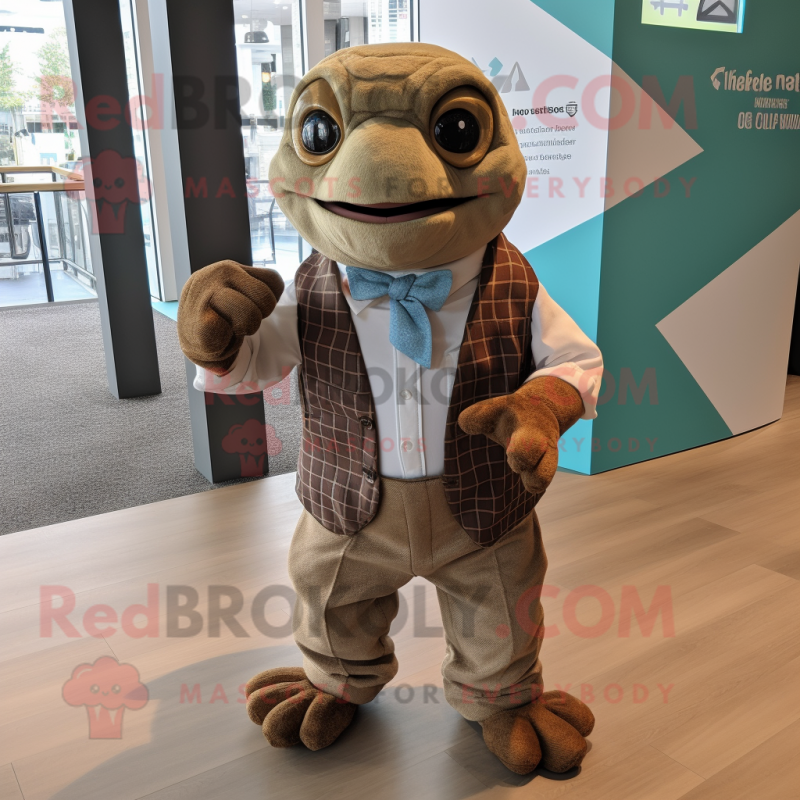 Brown Turtle mascot costume character dressed with a Button-Up Shirt and Pocket squares