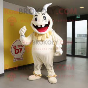 Cream Devil mascot costume character dressed with a Jacket and Shoe laces