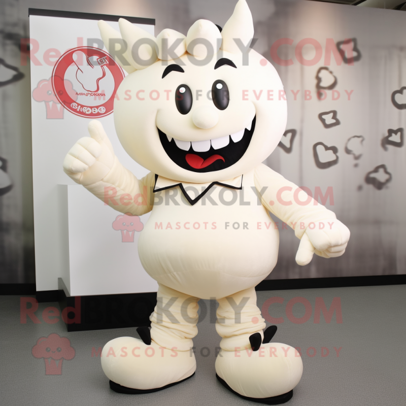 Cream Devil mascot costume character dressed with a Jacket and Shoe laces