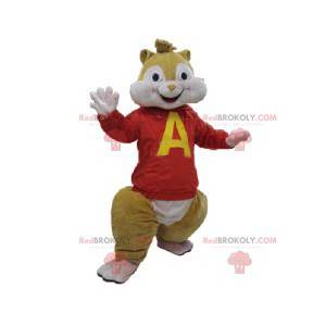 Mascotte d'écureuil avec un maillot rouge. Costume d'écureuil -