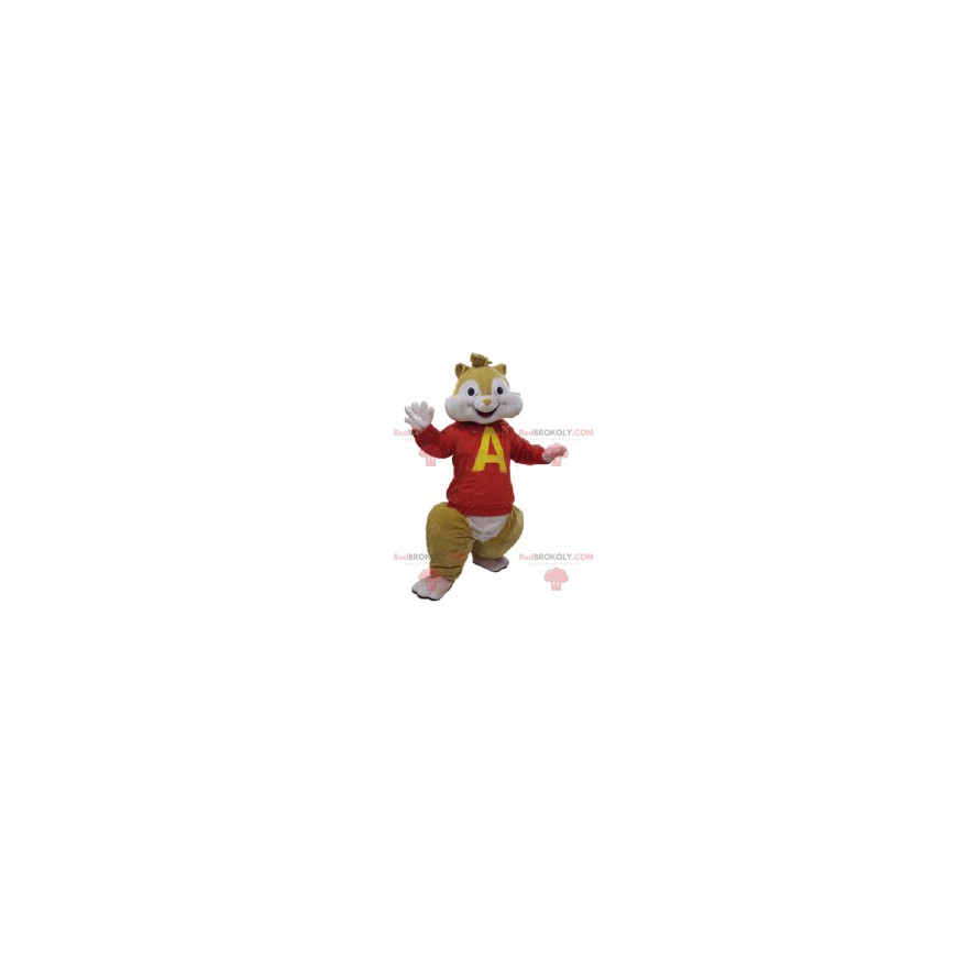 Mascote do esquilo com uma camisa vermelha. Fantasia de esquilo