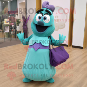 Teal Eggplant mascot costume character dressed with a A-Line Skirt and Clutch bags