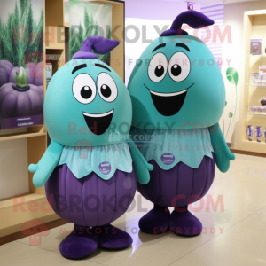 Teal Eggplant mascot costume character dressed with a A-Line Skirt and Clutch bags