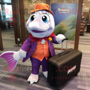 Purple Salmon mascot costume character dressed with a Wedding Dress and Briefcases