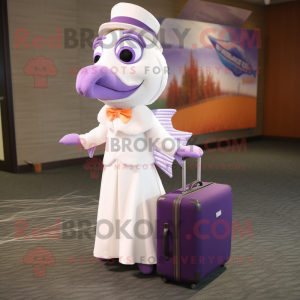 Purple Salmon mascot costume character dressed with a Wedding Dress and Briefcases