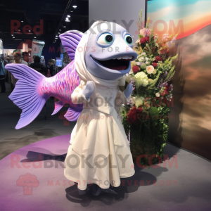 Purple Salmon mascot costume character dressed with a Wedding Dress and Briefcases