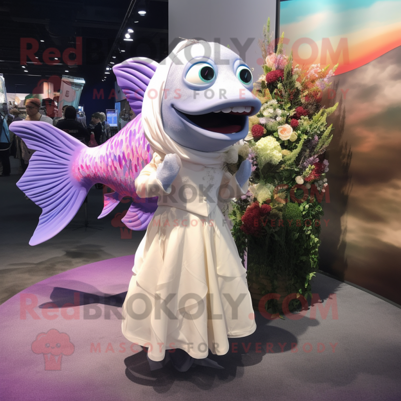 Purple Salmon mascot costume character dressed with a Wedding Dress and Briefcases Purple Salmon mascot costume character dressed with a Wedding Dress and Briefcases