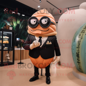 Peach Trilobite mascot costume character dressed with a Tuxedo and Eyeglasses