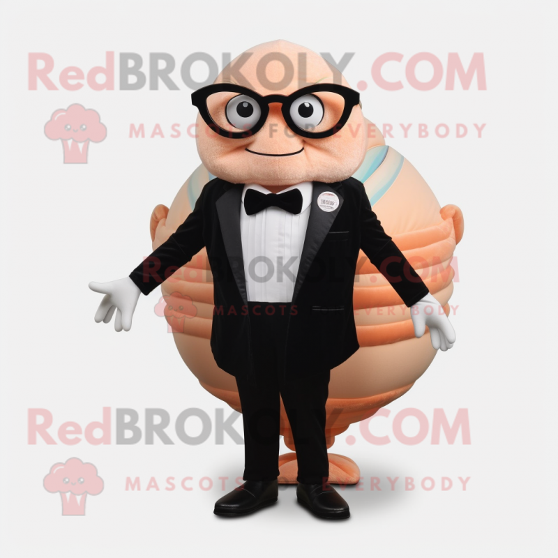 Peach Trilobite mascot costume character dressed with a Tuxedo and Eyeglasses