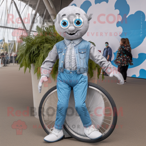 Silver Unicyclist mascot costume character dressed with a Jeans and Cummerbunds