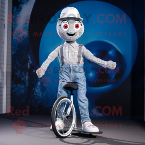 Silver Unicyclist mascot costume character dressed with a Jeans and Cummerbunds